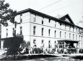 A black and white archive photo of Highland Hall