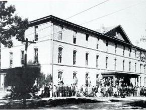 A black and white archive photo of Highland Hall